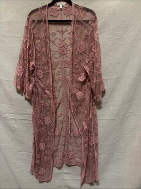 Adiva Dusty Rose Embroidered Sheer Kimono Wrap